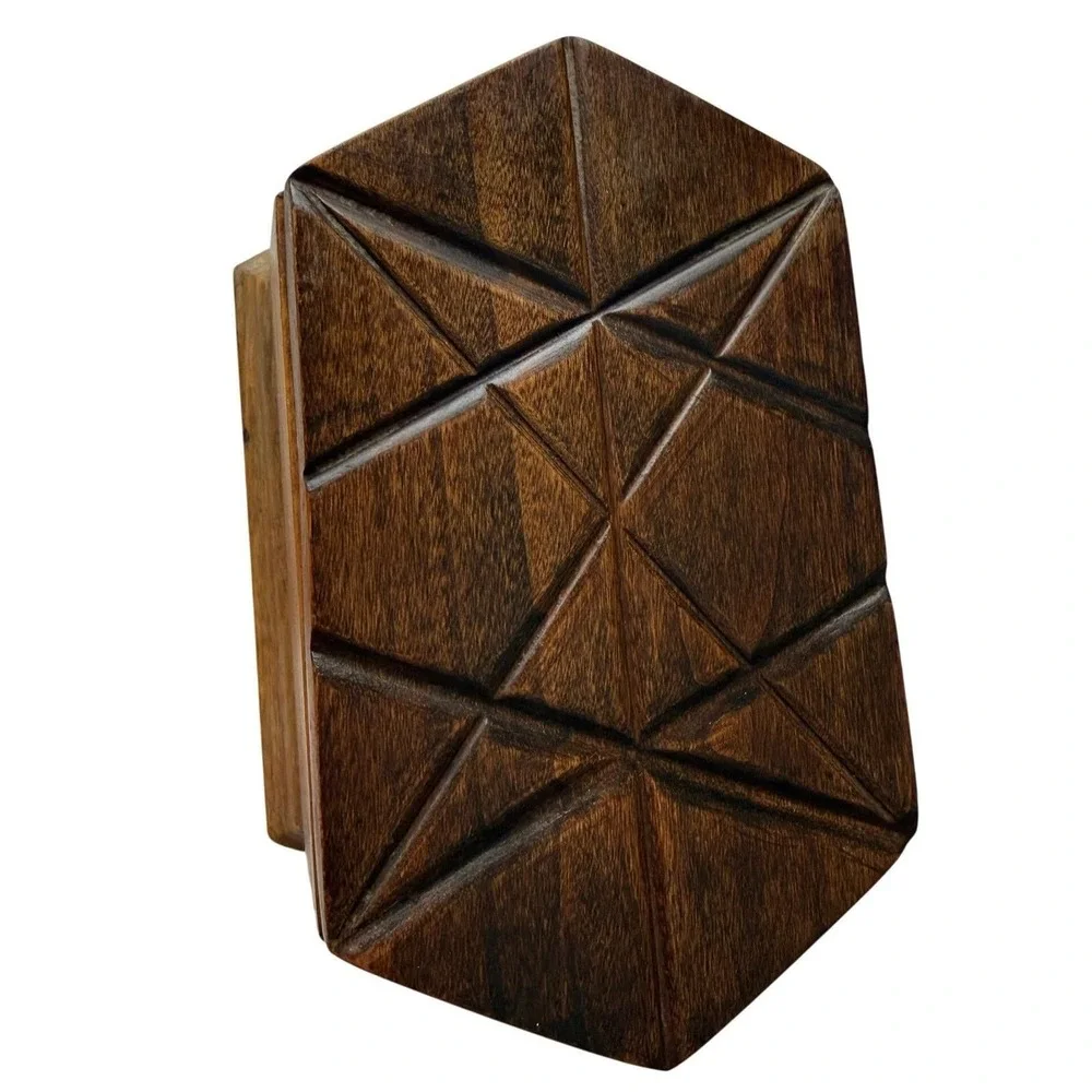 Vintage Hand Carved Wood Box‎ Geometric Star Hexagon MCM Keepsake Chest 8.5